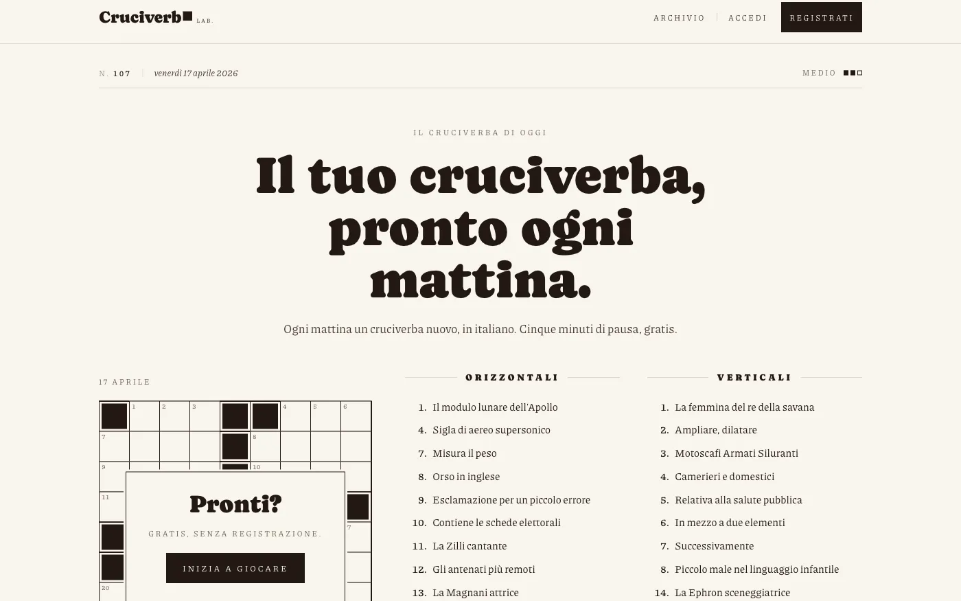 Cruciverba Lab — today's grid and clues