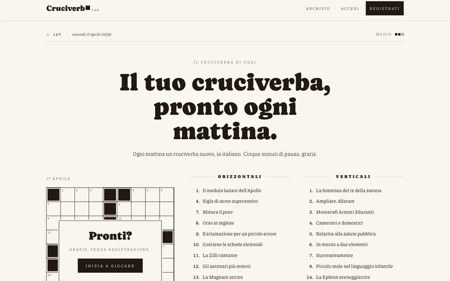 Cruciverba Lab: daily Italian crossword on a warm editorial layout, hand-typeset grid and clues