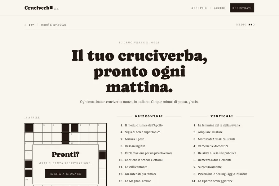 Cruciverba Lab — daily Italian crossword on a warm editorial layout, hand-typeset grid and clues